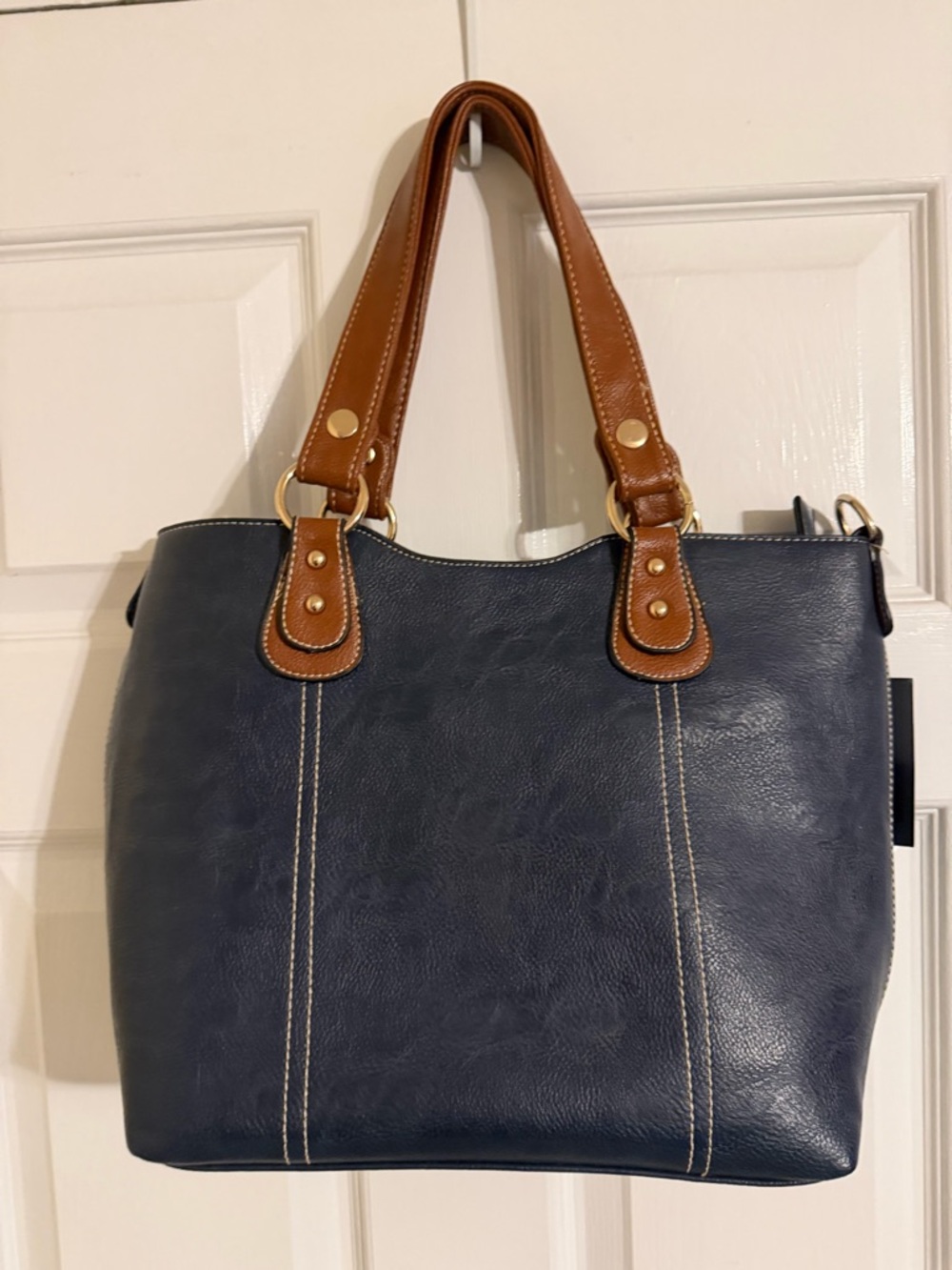 Classic Navy Tote Bag with Brown Handles